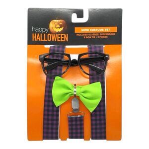 Happy Halloween Nerd Costume Accessory Set Suspenders Glasses Bow Tie